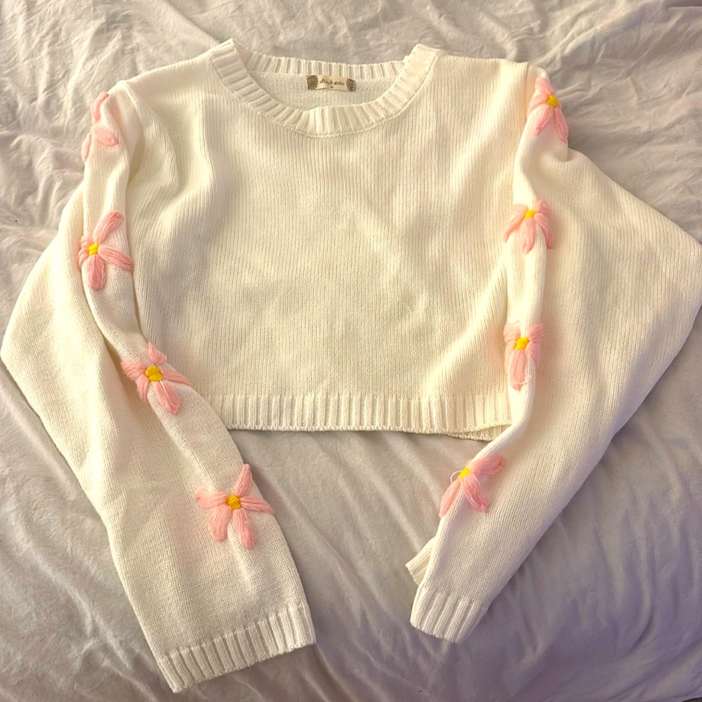Altar’d State White Sweater with pink flower detail